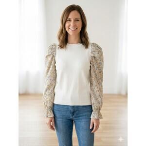 Fate Sweater Top Shirt Cotton Poplin Long Sleeve Pleated Puff Small Floral